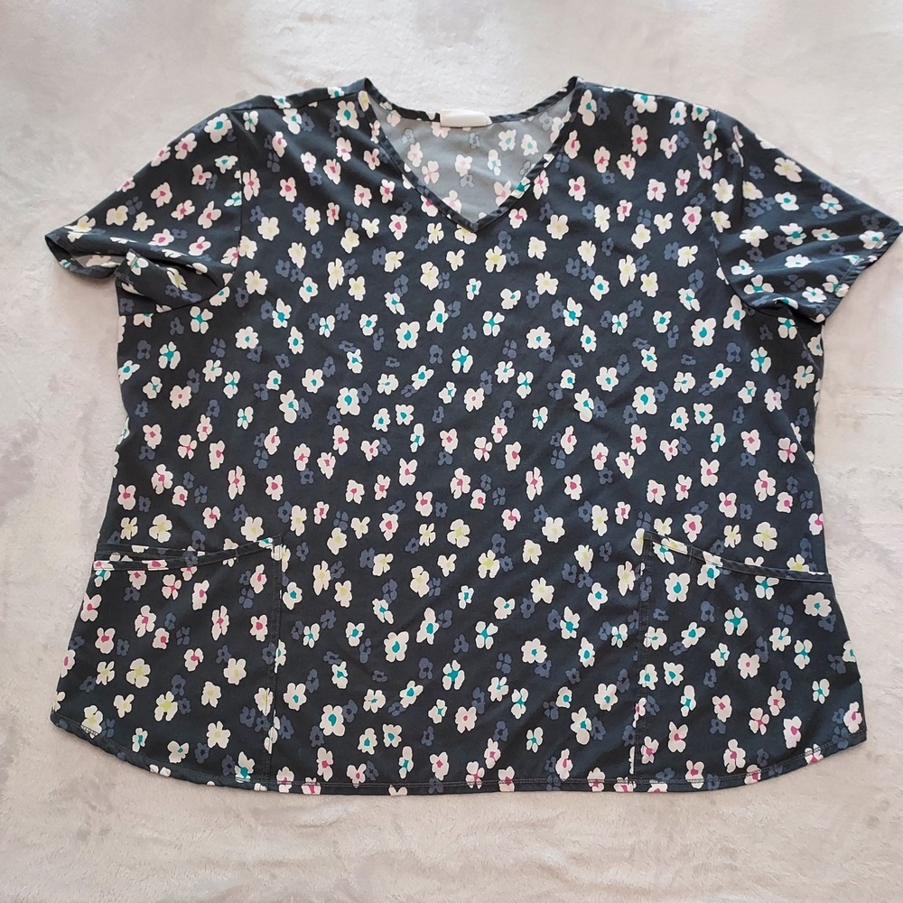 ScrubStar Floral V-Neck Medical Scrub Top Black Pink Teal Short Sleeve Pockets